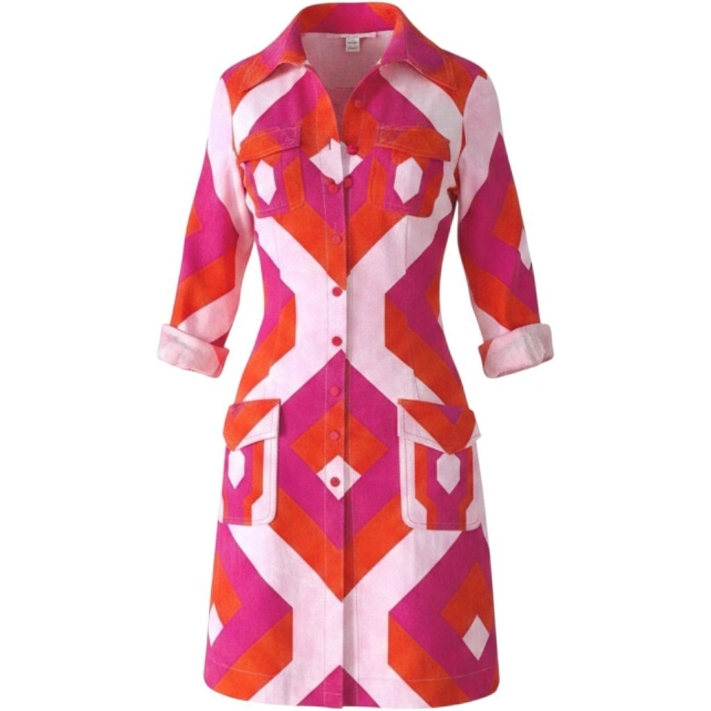 Diane von Furstenberg Geometric Pink‎ Orange Cotton Mini Shirt Dress Size 4